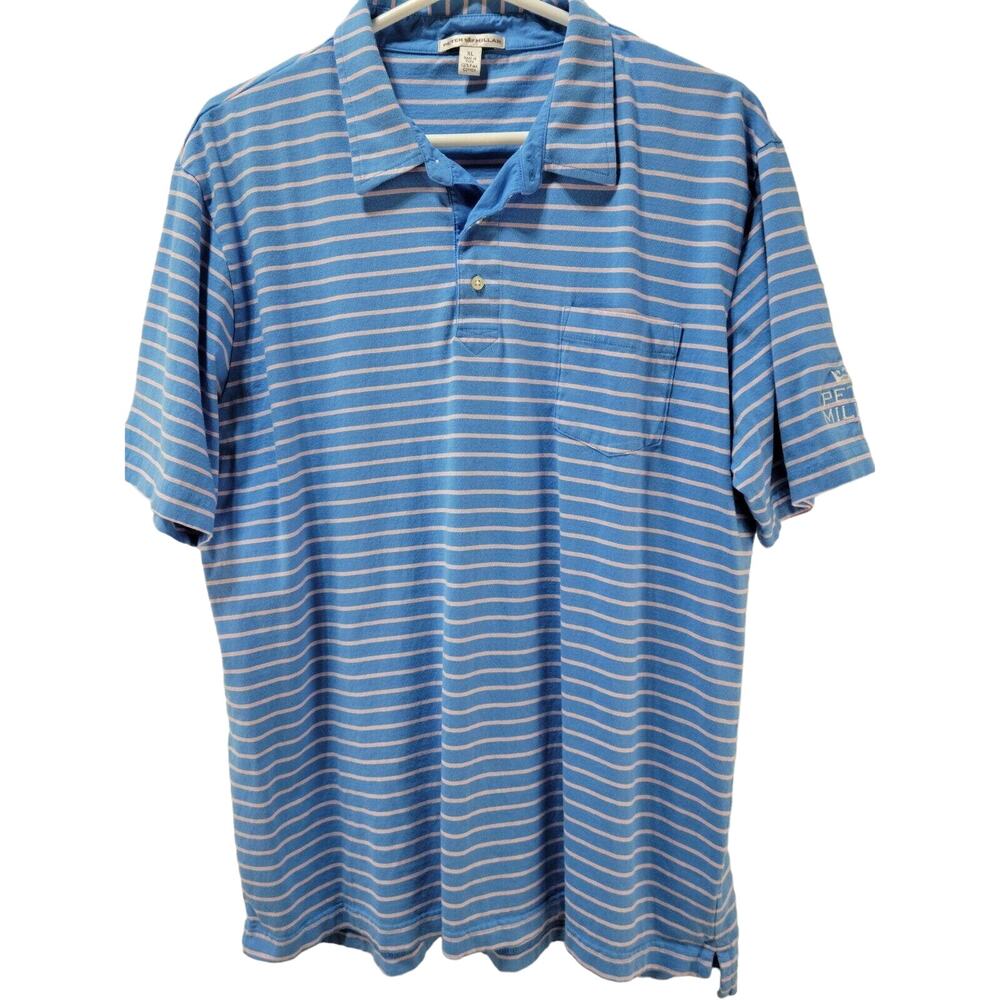 Peter Millar Men's XL Blue Pink Stripe Polo Short Sleeve Shirt 100% Pima Cotton